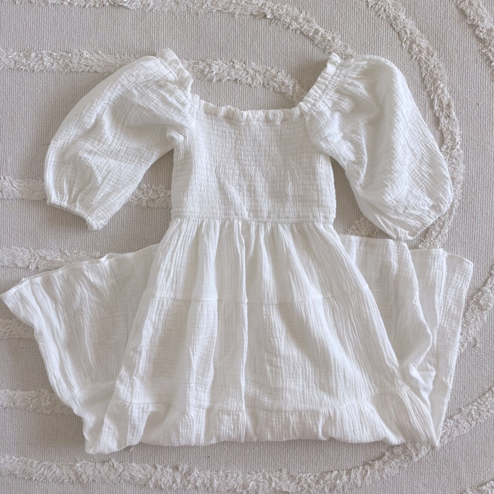 Anthropologie White Peasant Dress, never worn, midi length, elastic ruching